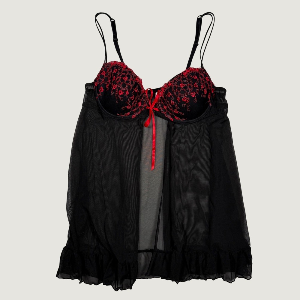 Black Red Floral Embroidered Mesh Babydoll Lingerie Top Medium Chemise